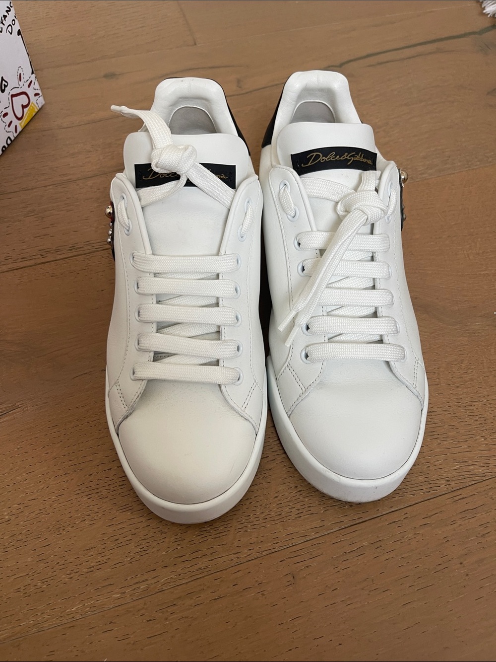 Dolce & Gabbana White Leather Low-Top Sneakers with Black Heel Tab - Picture 5 of 13